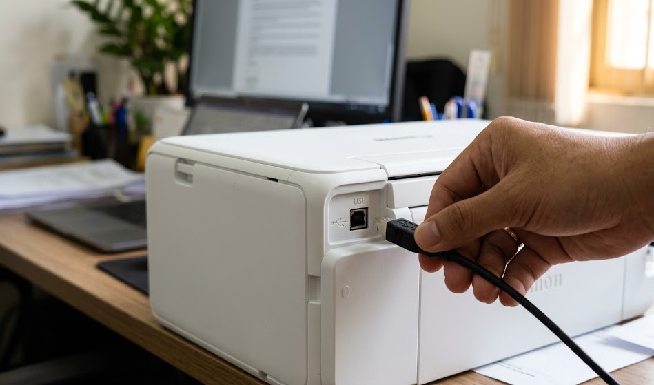  Kết nối cáp USB vào cổng máy in Canon để cài driver